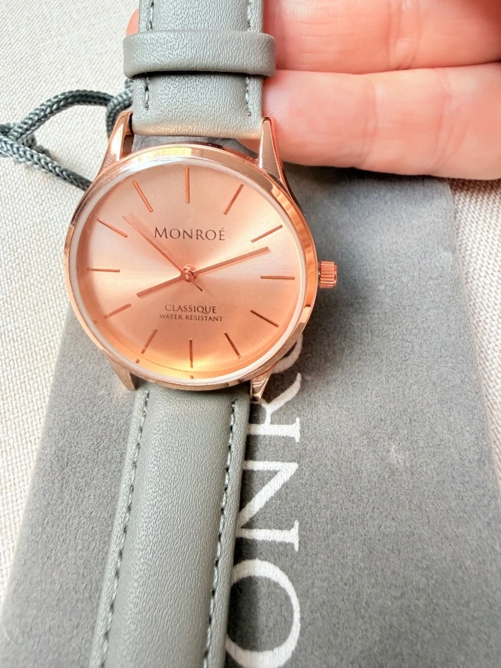 Ladies Monroe by Maestro Rose Gold Tone Gray Genuine Leather Watch New